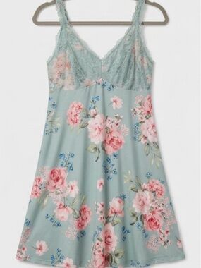 Flora Nikrooz Sage Blue Floral Lace-Trim Chemise
